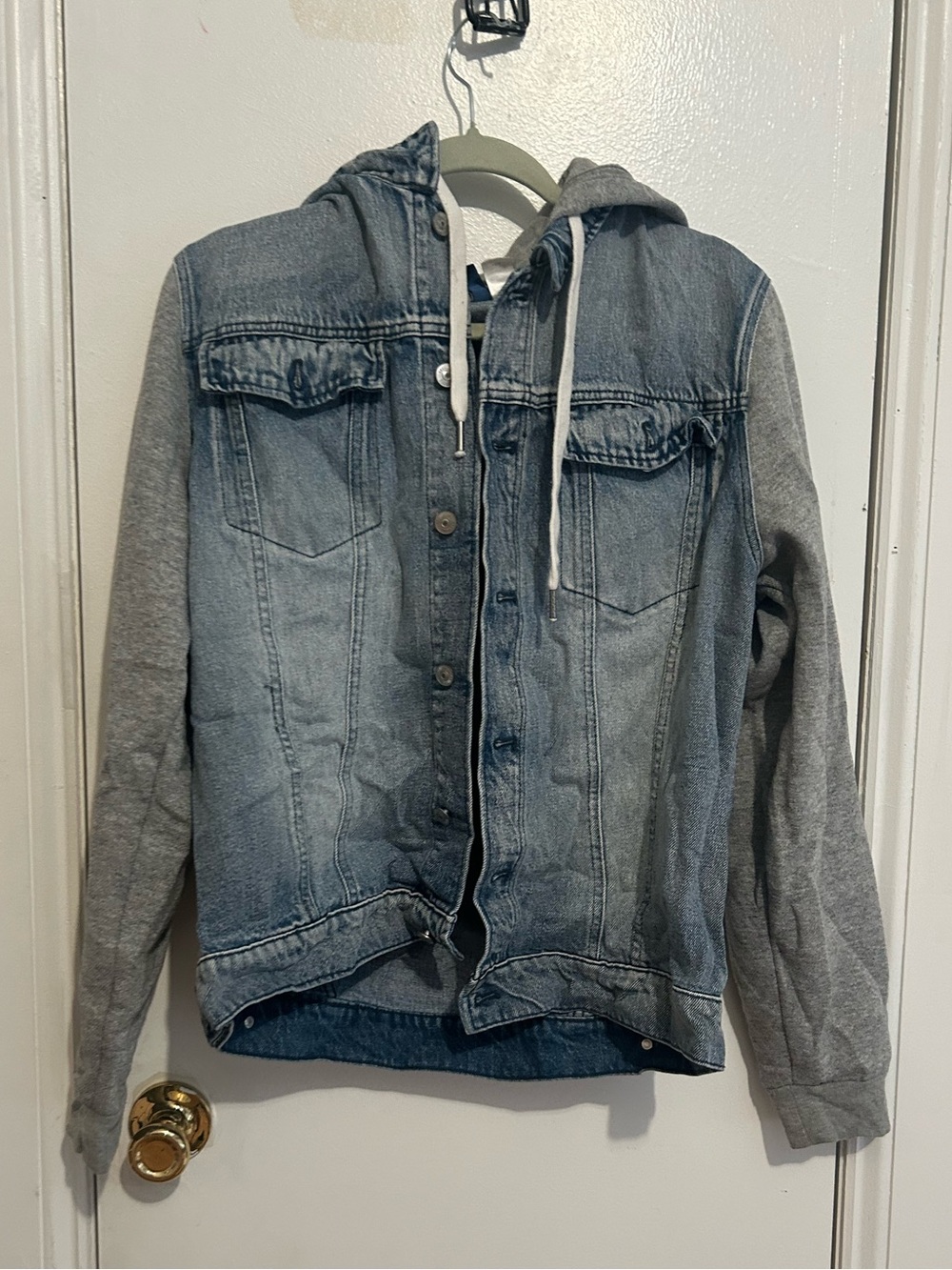 Divided Light Wash Denim Jacket with Gray Hood and White Drawstrings
